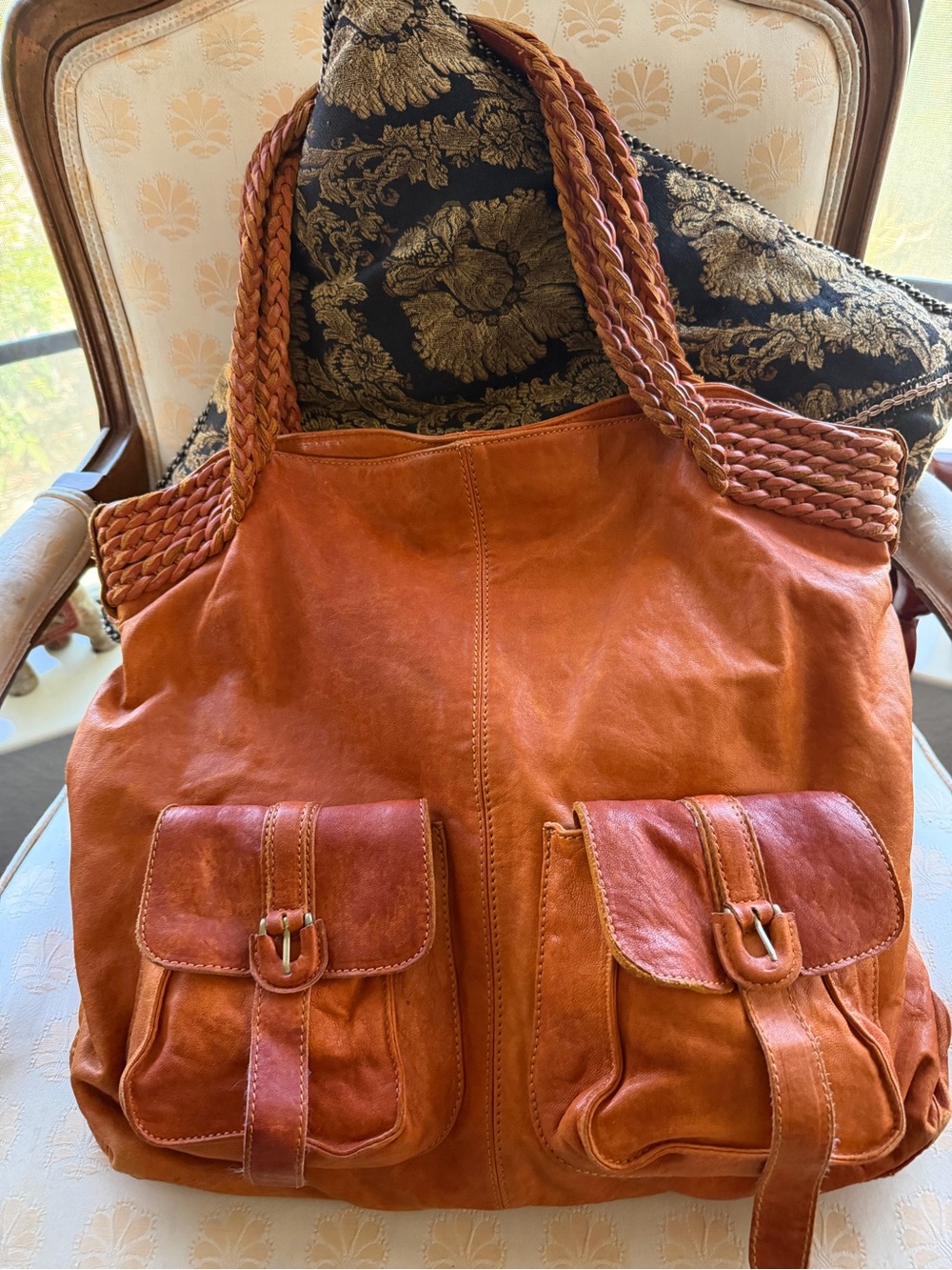 Hobo International Bodega Bay Braided Handle Rustic Orange Leather Tote Bag